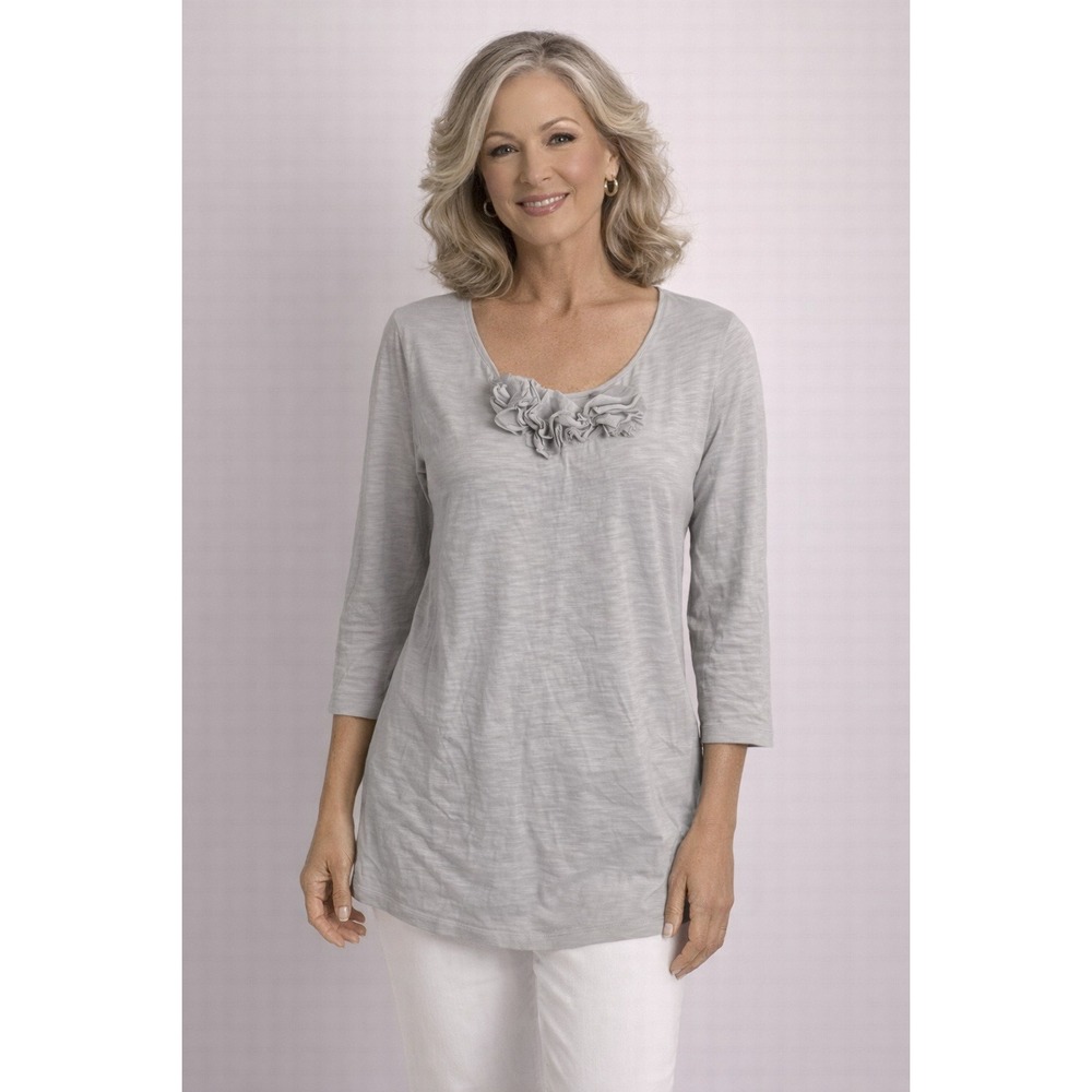 LOFT- Light Gray Ruffle 3/4 Sleeves Blouse Size M